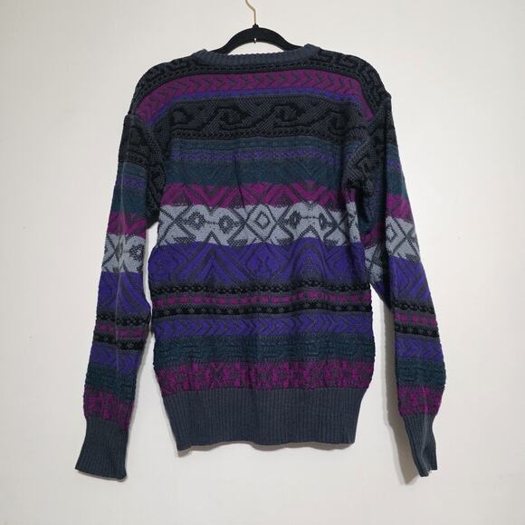 Vintage Geometric 3D Knit Cosby Sweater Mens M Purple 90s Wool Blend Faurl Isle - Picture 5 of 9